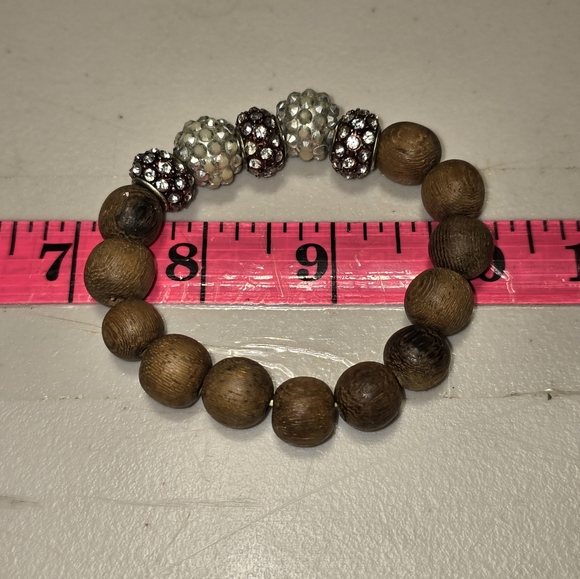 Vintage Handmade Natural Wooden Beaded with Disco Ball Rhinestone Beads - Picture 2 of 2